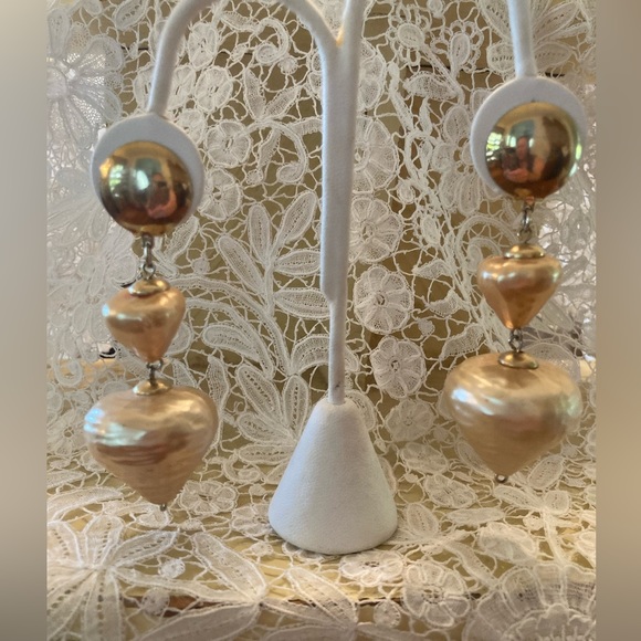 Vintage 1960’s GOLDTONE & Golden Faux Pearls CLIP ON Dangle Earrings 3” ATOMIC - Picture 6 of 11